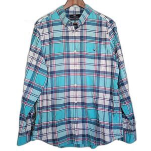 Vineyard Vines Slim Fit Tucker Shirt L Stretch Cotton Teal Plaid Coastal Summery